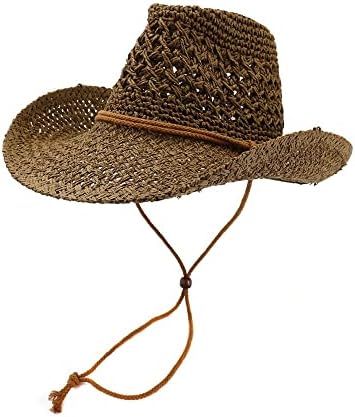 ウエスタンカウボーイハットレディースサンハットカウガールサマーハット男性用中空アウトレディストローハットブラウンビーチキャップ (C