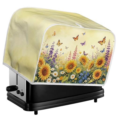 Image of Talayituse Sunflower Flower Butterfly Print Toaster Cover 2 Slice Wide Slot, Lightweight Bread Maker Cover Dust Protection Washable Appliance Bag, S