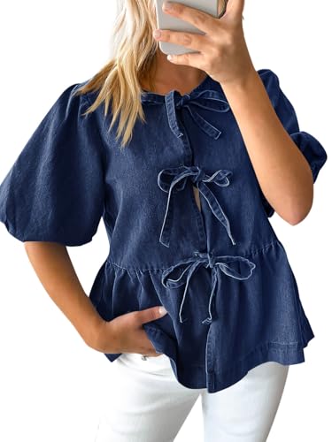 Tankaneo Womens Denim Tie Front Tops Babydoll Peplum Puff Sleeve Jean Shirts Crew Neck Summer Casual Bow Blouses