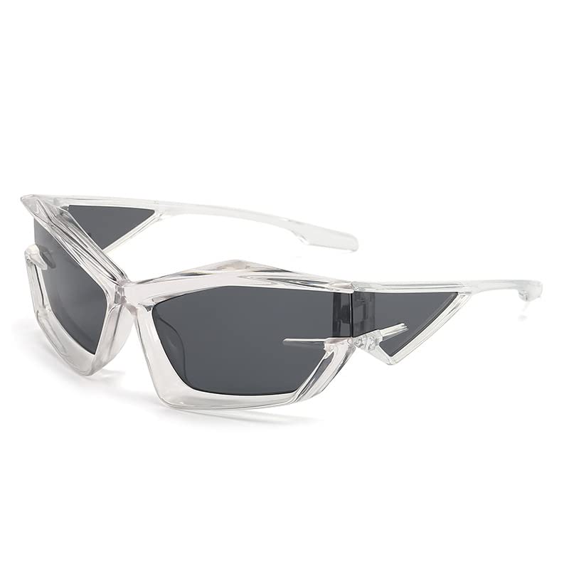 Futuristic Y2K Sunglasses for Men Women Sports Wrap Around Shield Cat Eye Glasses Alien Shades (Silver Frame - Mirror Silver Lens)