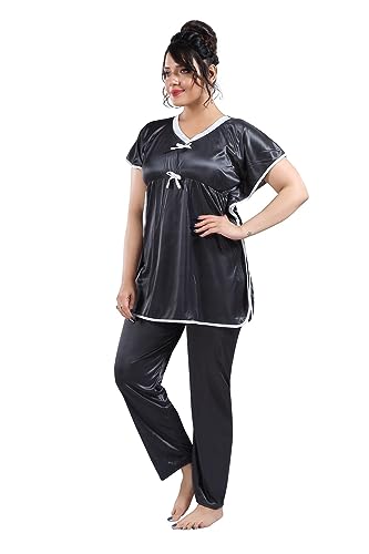 Image of Fabme Women's Satin Plain Kaftan Top & Pyjama Set