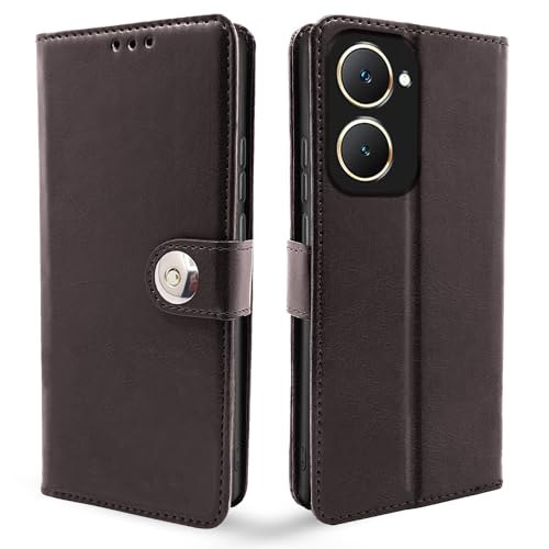Image of Pikkme Flip Cover Leather Finish | Inside TPU with Card Pockets | Complete Protection Button Flip Case for Vivo Y03 4G (Coffee)