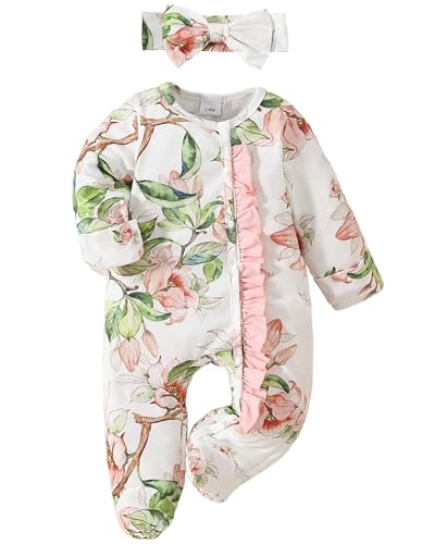 Yvowming Newborn Baby Girl Clothes Ruffle Jumpsuit Romper Infant Coming Home Outfit for Baby Girl (Green, Preemie)