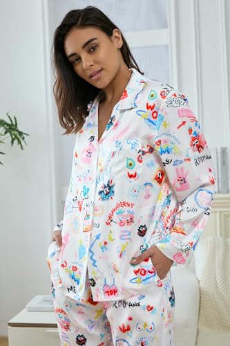 Image of YiNi LuLu Womens Silk Satin Pajamas Set Button Down 2 Piece Pjs Long Sleeve Oversized Sleepwear with Pockets
