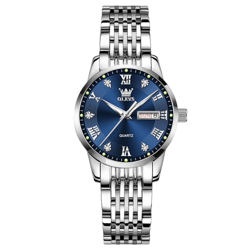 Image of OLEVS Watches for Women Classic Blue Dial Diamond Analog Quartz Watches for Women Silver Stainless Steel Waterproof Women's Wristwatch Elegant Casual Luminous Day Date Ladies Watches