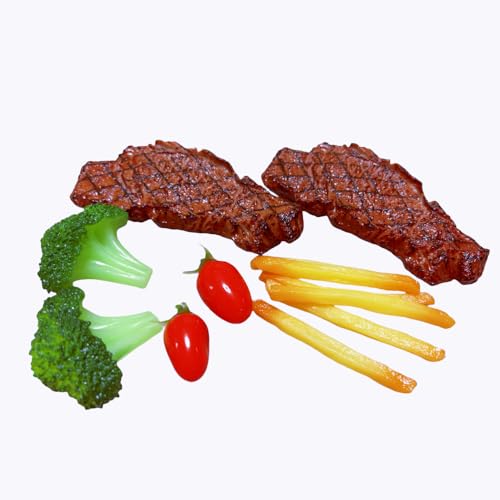 12pcs Fake Steak Model Set,2 pcs Fake Steak with Fake Broccoli Slice, Fake Tomato and Fake Fries,Simulation Food,Realistlike Steak, Fake Cooked Roast Beef,Photography Meat Props,Artificial Steak