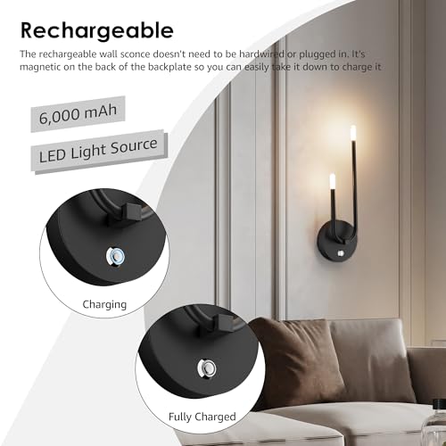 Image of Aipsun Black Battery Operated Wall Sconce Set of 2, Wireless Sconces Modern LED 3000K Rechargeable Wall Sconce Dimmable Battery Wall Light for Living Room,Bedroom