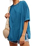 Tankaneo Womens Oversized Tshirts Summer Casual Short Sleeve Crew Neck T Shirt Loose Fit Side Slit Tee Tops Lake Blue