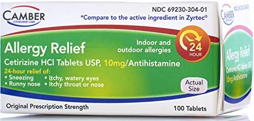 Camber Consumer Care Allergy Relief Cetirizine HCI Tablets | All-Day Allergy Relief for Sneezing, Itchy Eyes, Watery Eyes, Itchy Throa (100 Count)