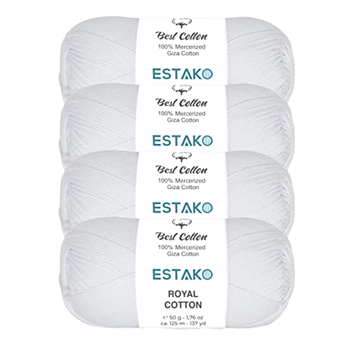 Image of Estako Royal Cotton, (4 Skeins Pack) 100% Mercerized Giza Cotton Yarn, Soft, Super Fino for Crochet and Knitting (4 x 1.76 Oz) / (4 x 137 Yrds) (5050 - White)