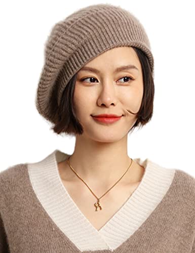 Image of Cashmere Berets Hats Women Winter Warm Merino Wool Knitted Oversized Beige Beanie