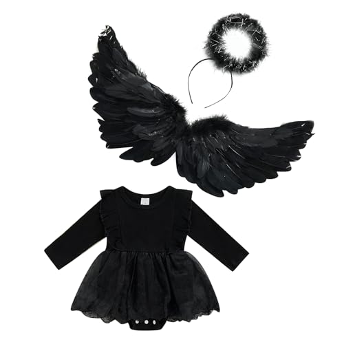 Baby Girls Rompers Dress Ruffles Long Sleeve Lace Embroidery Skirt Hem Jumpsuits Bodysuits with Halo Headband and Angel Wing