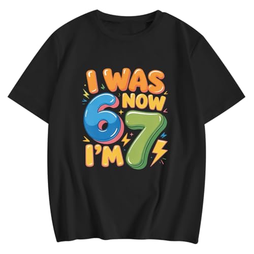 Weripoah I was 6 Now Im 7 Birthday Decorations Shirts Boy 7yr Old Gifts Shirt Boys 7th Party Graphic Tee Cute Tshirt for Kids(Black 130)