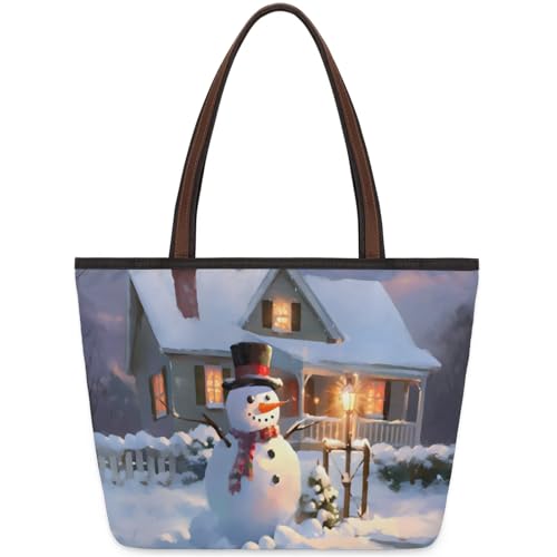 Cute Snowman House Tote Bag Multi Pocket Zippered Beach Bag Lightweight Waterproof Handbag for Women Men Work Gym Travel Swimming Yoga Grocery Shopping L