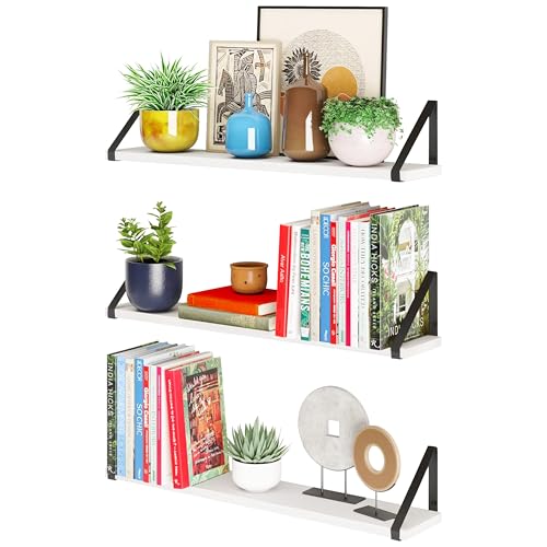 Image of Decazone Floating Shelves for Wall Storage - Set of 3, MDF Board Bookshelves for Living Room, Bedroom, Kitchen & Office - Sturdy Wall-Mounted Display for Bookcase & Decor (White, Wide- 24 inch Inch)