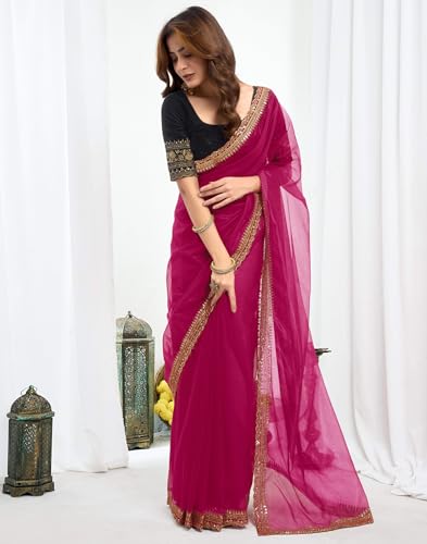 Image of SIRIL Women's Shimmer Net Sequence Embroidery Lace Saree for With Unstitched Blouse Piece