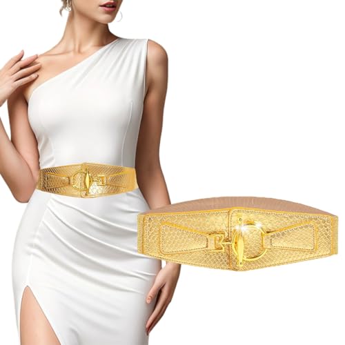 Elastic Wide Belt for Women Fashion Stretchy Leather Belt for Dress with Gold Buckle Ladies Waist Belt