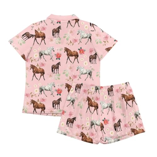 Image of Renewold Women's Short Sleeve Pajama Set Button Down Sleepwear with Notch Collar Soft Lounge Top and Shorts with Pockets