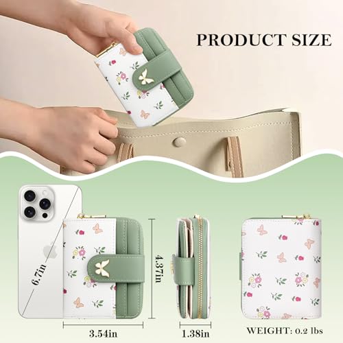 Image of BIAOTIE Wallet for Women Cute Floral Flower Wallet RFID Credit Card Holder Purse Small Bifold Zipper Coin Pocket Purse with ID Windows (Butterfly Green)