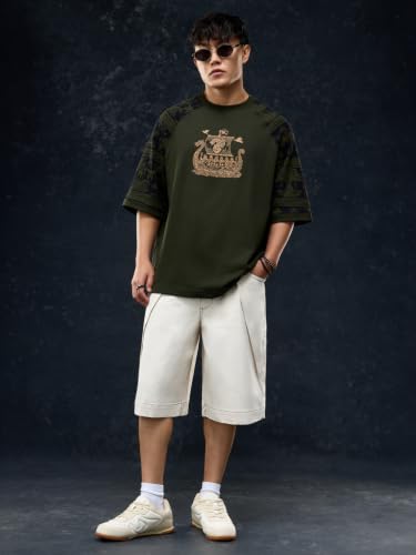 Image of The Souled Store Vikings: Longship Men and Boys Short Sleeve Rpund Neck Brown Embroidered Cotton Oversized Lightweight Breathable Drop Shoulder Streetwear T-Shirts