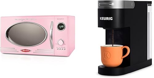 Nostalgia Horno microondas retro para encimera, grande, 800 vatios, 0.9 pies cúbicos, color rosa y Keurig K- Cafetera delgada de una sola porción