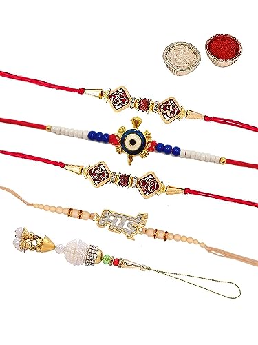 Image of Rakhi for brother with soanpapdi, 5 Set of r akhi with sweet for brother Gift Pack, Soanpapdi with R akhi Combo, Rakhi for Bhaiya Bhabhi with Sweet and Greeting Card