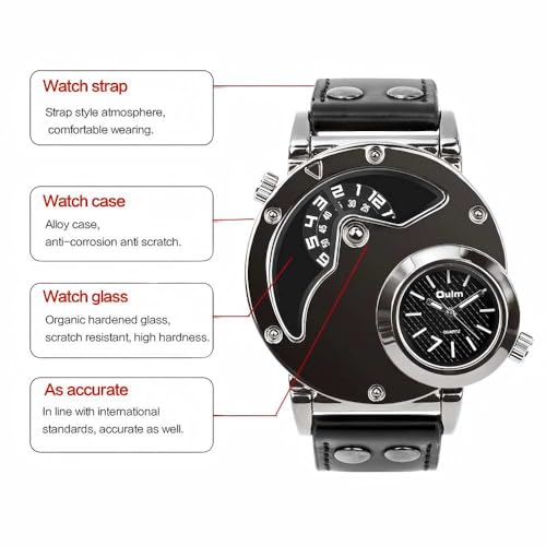 Image of MJSCPHBJK Men's Dual Dial Analog Watch - Unique 2-in-1 Timepiece with Japanese Quartz Movement, Stainless Steel Case, PU Leather Band, Dual Time Display, Fashion Dress Wrist Watch for Business Casual Wear