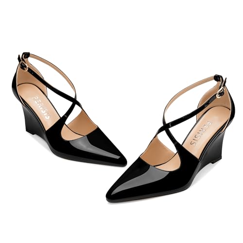 Women's Sexy Wedge Heels Pointed Close Toed Patent Leather Pumps Cross Strappy Wedges Pointy Pump Ankle Strap Buckle Comfortable Wedding Dressy Shoes4