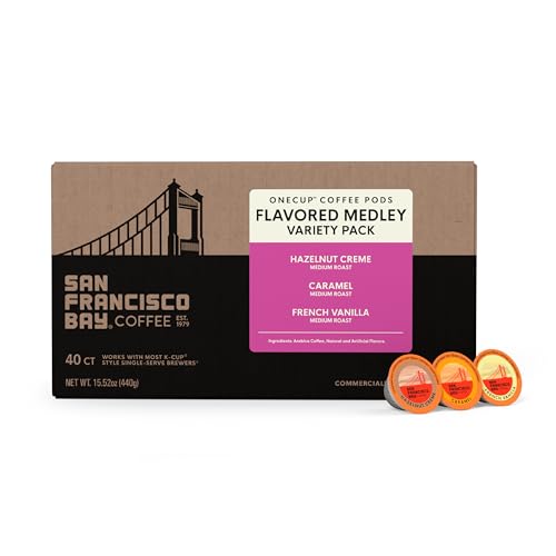 Image of San Francisco Bay K-Cup Coffee Pods Flavored Variety Pack (40 ct), Includes Hazelnut Creme, Caramel, & French Vanilla, Commercially Compostable Single-Serve Flavored Coffee Pods