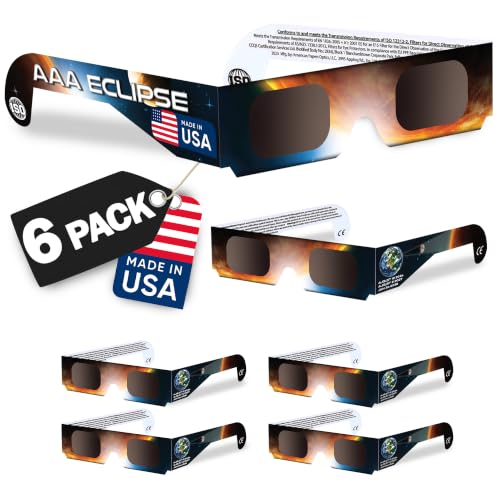 AAA Eclipse [6 PACK Solar Eclipse Glasses - AAS Approved 2026 - Made in USA - ISO Certified 12312-2 & CE Certified Lunette Eclipse Solaire