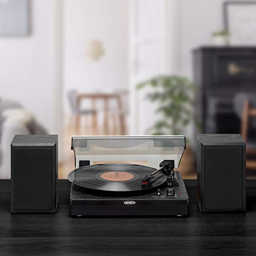 JENSEN JTA-315 Vinyl Record Player 3 Speed Turntable with Speakers and Dual Bluetooth Transmit/Receive, Black