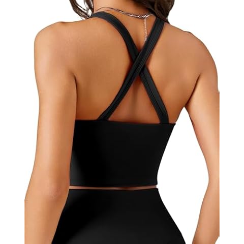 DaiLiWei Longline Sports Bras for Women Open Back Workout Tank Tops V Neck Sexy Crop Yoga Top Gym Shirts with Built in Bra Black Cover