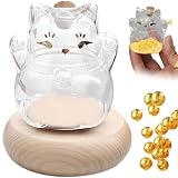 Lucky Cat Glass Storage Jar - Small Gold Bean Container, Clear Bottle for Saving Challenge, Decorative Display with Wooden Base, Mini Creative Home Decor Gift (Transparent)