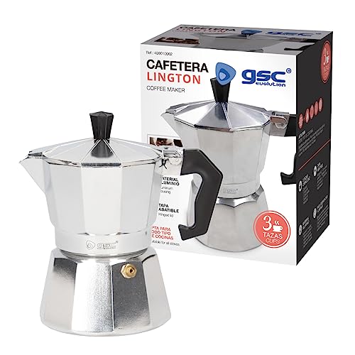 Cafetera Lington 3 Tazas En Oferta Gsc Evolution Cafetera Italiana De Aluminio | 3 Tazas | Apta Para Todo Tipo De Cocinas |Inducción, Gas, Eléctrica | Color Plata | Fácil Montaje Y Desmontaje