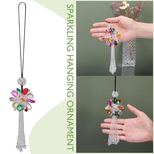 Image of Crystal Flower Ball Car Pendant Lucky Car Mirror Hanging Ornament Crystal Suncatcher Hanging Charm Auto Interior Decoration, Colorful