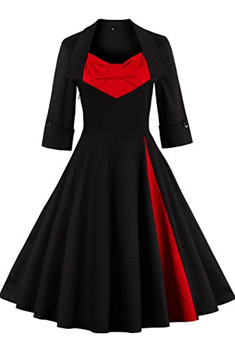 Babyonline Sommer Damen Polka Dots Kleider Vintagekleid Rockabilly Kleid Partykleider S-5XL, Schwarz-rot, XXL