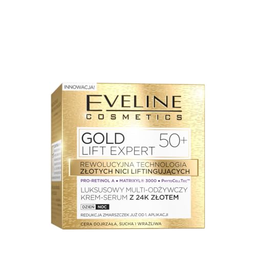 Image of Eveline Cosmetics Gold Lift Expert Luxury Multi-Nourishing Cream Serum with 24K Gold for 50+ Skin - Lifting & Contouring with Anti-Aging PhytocellTec, Pro-Retinol A, Argan Oil - 50ml