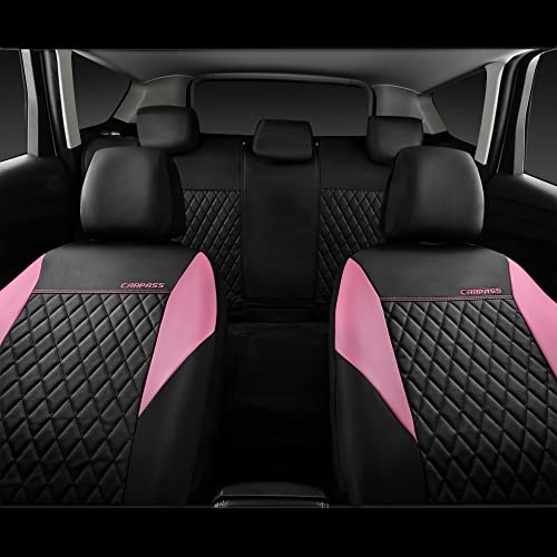 Image of CAR PASS Pink Leather Seat Covers,Girly Quilting Pretty Cute Car Seat Cover with 5mm Composite Sponge Inside,Airbag Compatible, Universal Fit for Most Sedan,SUV,Vans(Full Set,Pink)