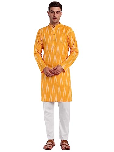 Image of SKAVIJ Men's Pure Cotton Printed Kurta Pajama Set Ikat Design Casual Ethnic Dress (KP118gold Gold L)