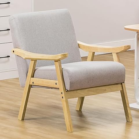 COMHOMA Mid Century Accent Chair, Modern Upholstered Living Room Chairs with Solid Wood Armrest, Comfy Reading Armchair for Bedroom, Sunroom, Balcony (Curved Armrests, Grey) Cover