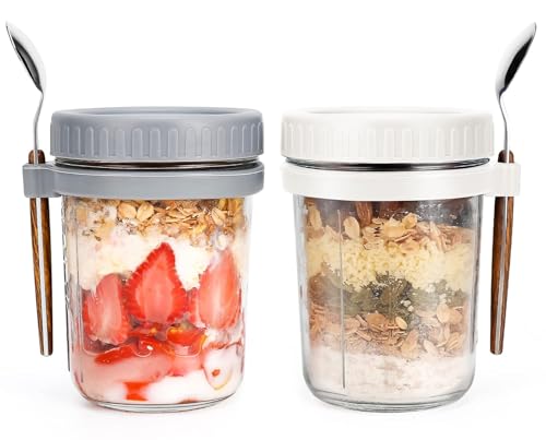 Image of 350 ml Overnight Oats Containers with Lids and Spoons,Glass Mason Jars Overnight Oats Leak Proof Oatmeal Container Great Cereal Fruit Vegetable Milk Salad (multi) (white and grey)