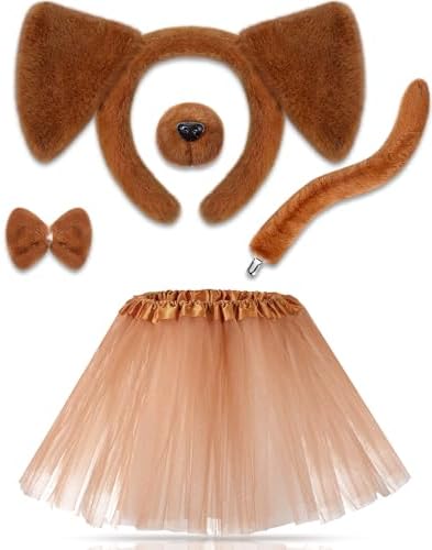Zhanmai 5 Pcs Carnival Animal Costume Kid Bear Puppy Dog Pup Kangaroo with Tutu Ear Headband Bowtie Tail Paws for Boys Girls
