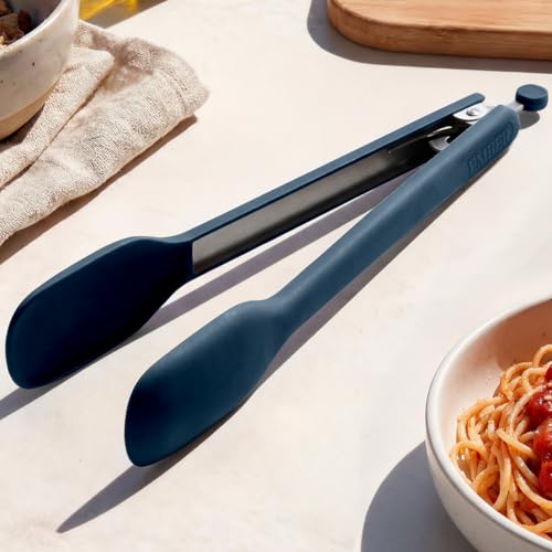 Image of Ember Cookware Silicone Kitchen Tongs | 230C Heat Resistant | Versatile- for Kitchen and Serving| Stainless Steel Core with Food Safe Silicone Grip | Locking Mechanism for Compact Storage | Blue