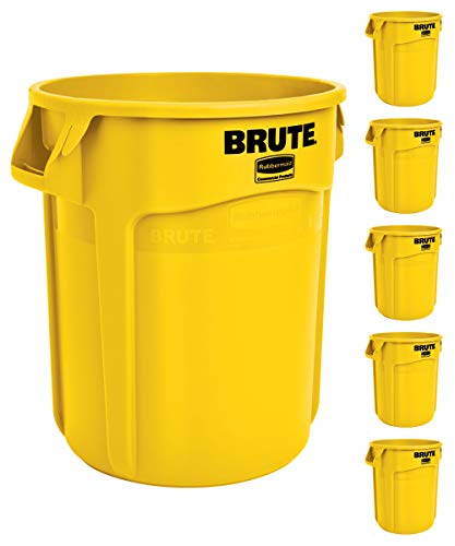 Image of Rubbermaid Commercial Products BRUTE Heavy-Duty Round Trash /Garbage Can, 20-Gallon, Yellow, Outdoor Waste Container for Landscapers /Construction /Restaurants /Back of House /Offices /Warehouses, Pack of 6