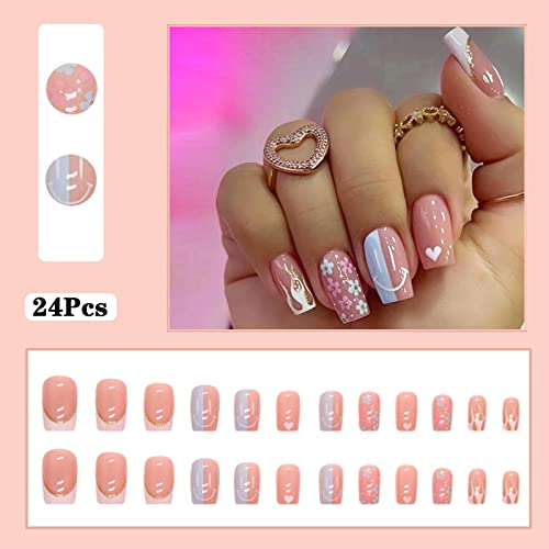 White French Tip Press On Nails Medium Square Coffin Fake Nails With Flame Daisy Heart Novel Design Glue On Nails Acrylic Nails Decorate False Nails With Glue Nude Glossy Nails For Women Girls 24Pcs #TOP1
