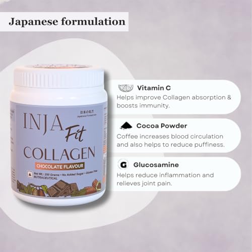Image of INJA Fit Hydrolyzed Marine Collagen Supplement Powder for Women & Men, Japanese formulation Collagen with Vitamin C, Healthy Joints, Muscles, Skin, Hair, Sugar-Free, Gluten-Free, Chocolate Flavor, 250 gm