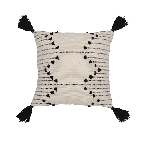 Image of Wakefit Designer Cushion Cover | 16x16 inch| Cotton Fabric on Front & Back | Tassel Drip | Pack of 1 | Off White and Black