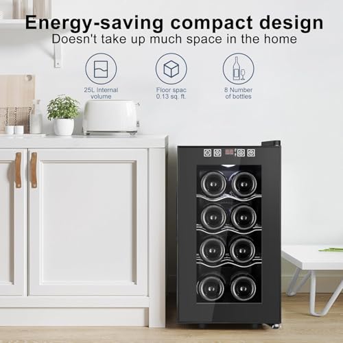 8 Bottles Wine Cooler Refrigerator, Small Wine Fridge, Mini Wine Fridge Countertop with Glass Door Wine Cellars for Red Wine, Champagne, Dry White Wine, Sparkling Wines