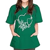 STPT Kasacks Damen Pflege Tunika Kurzarm Schlupfkasack Arbeitsuniform V-Ausschnitt Kurzarm Herz-Patchwork-Druck Pflege Kasack Schlupfhemd Berufskleidung Bluse mit Taschen