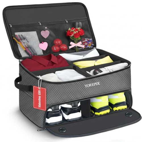 YOREPEK Large 2 Layer Golf Trunk Organizer for 2 Size 14 Pair Shoes, Expanding Golfing Trunk Locker Organizer With Upper Adjustable Separation, Golf Accessories For Men, Cool Gifts For Golfer, GREY